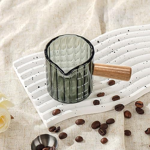 Espresso Cups Set of 2, 4 OZ Espresso Shot Glasses with Wood Handle, V-Shaped Spouts Cups, Ribbed Milk Frothing Pitcher, Glass Measuring Cup, Coffee Espresso Accessories, Demitasse Cups, Small (Gray) thumbnail 6