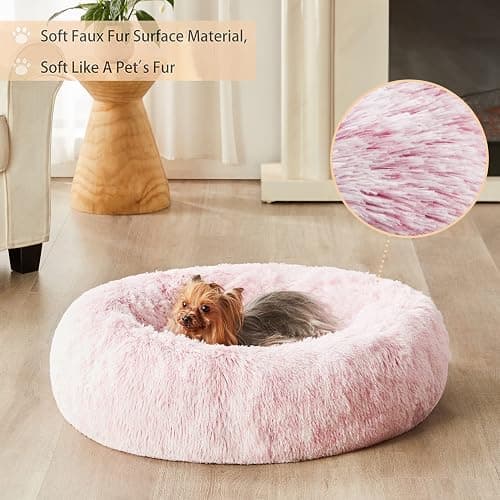 WNPETHOME Round Calming Pink Small Dog Bed Cat Bed for Comfy Sleeping, Cute Washable Puppy Bed with Fluffy Plush, Faux Fur Anti Anxiety Pet Bed Donut Cuddler (20 x 20 x 8 Inch) thumbnail 2