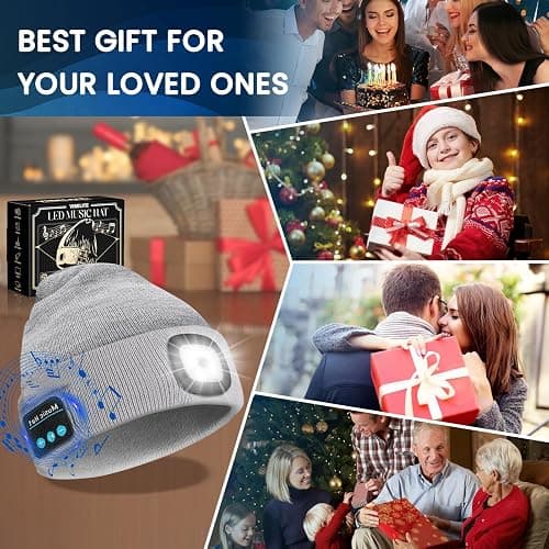 VIBELITE Bluetooth Beanie Hat with Light, USB Rechargeable LED Headlamp with Wireless Headphones, Christmas Gifts Stocking Stuffers for Men, Teen Boys, Him, Husband, Boyfriend, Grey thumbnail 6