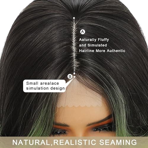 iluadme Black And Green Wig Highlight Sythetic Long Wavy Wig 26" Skunk Stripe Wigs For Women Daily Party Used Middle Part Cosplay（#OTgreen） thumbnail 4