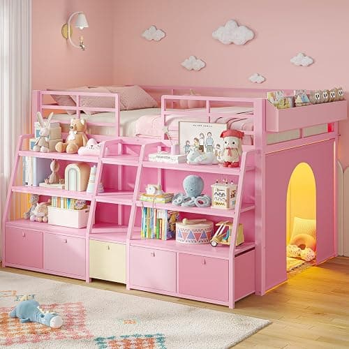 MSmask Low Loft Bed Twin with Stairway Shelf Storage, 5 Drawers, Pink | Heavy Duty Metal Kids Loft Bed with Beside Box Storage, LED Lights, Safety Guardrail, Under-Bed Play Space, Spave Saving - Image 1