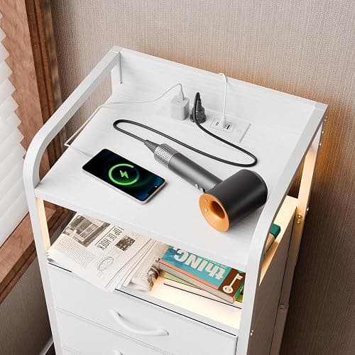 Fixwal Tall Dresser with 5 Drawers for Bedroom, 40 Inch LED Tall Nightstand with Charging Station, Night Stand White Dresser with PU Finish, Bedside Table for Dorm thumbnail 7
