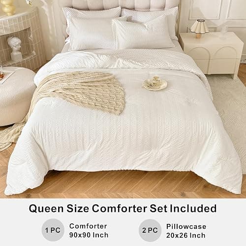 tohrisa Boho Comforter Set Queen Size Striped Pleats Bohemian Seersucker Bedding Set All Season Soft Cozy 3 Pieces Quilt with 2 Pillowcases(90"X90" White) thumbnail 5