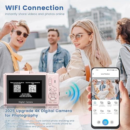4K Digital Camera for Photography with 3" 180°Flip Screen,64MP Vlogging Camera for YouTube, HD WiFi Compact Camera with Flash, 18X Digital Zoom, 32GB TF Card & 2 Batteries（Pink） - Pink thumbnail 5