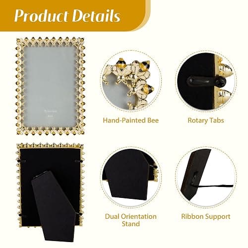 Synovana Gold Bee Picture Frame for 4x6 Photos – Elegant Decorative Bumble Bee Photo Frame Accents – Thoughtful Gift for Her Wedding Anniversary or Nature-Inspired Home Décor thumbnail 5