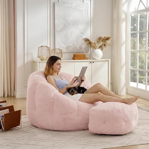 Mofolit 46" Oversized Flower Bean Bag Chair with Ottoman for Adults,Large Cozy Beanbag Chair with Artificial Rabbit Fur Fabric,Boneless Sofa for Living Room,Reading Room and Apartment. (Pink) - Image 1
