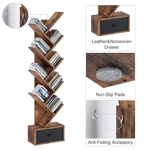 Rolanstar Tree Bookshelf with Drawer, 9 Shelf Bookshelf, Wooden Bookcase Storage Rack for CDs/Movies/Books, Corner Bookshelves, Utility Organizer Shelves for Living Room, Bedroom, Rustic Brown thumbnail 6