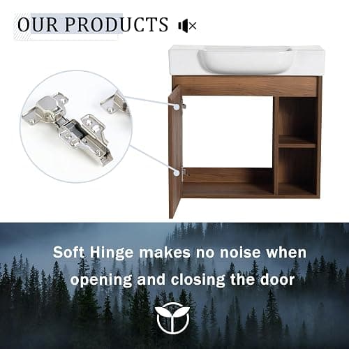 KEIKI 24'' Bathroom Vanity Cabinet with Ceramic Sink & Open Shelf, Wall Mounted Floating Bathroom Vanity with Soft-Close Cabinet Door, for Small Bathroom, Brown Ebony - 24" thumbnail 7