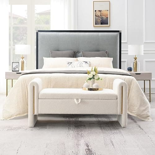 QianYueLUX Modern 52" Storage Ottoman Bench, Upholstered End of Bed Storage Bench with Armrests, Entryway Bench, Teddy Foot Rest Stool for Living Room Hallway Bedroom (White) thumbnail 9
