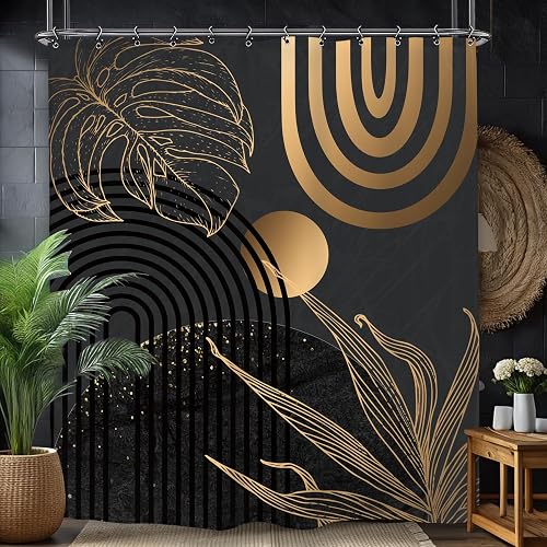 Yookeb Abstract Black Gold Minimalist Bathroom Shower Curtain 60W by 71H Inch Aesthetic Modern Contemporary Leaves Mid Century Neutral 12 Plastic Hooks Waterproof Decor - Image 1