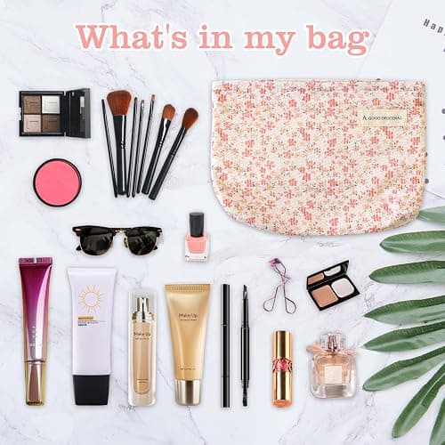 Aesthetic Makeup Bag Cotton, Quilted Floral Make up Bags, Travel Toiletry Bag Women, Daily Use Cosmetic Bags for Girls, Pink Makeup Bag for Purse, Cosmetics Organizer Pouch thumbnail 4