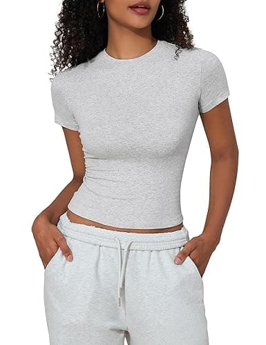 PrettyGuide Women's Crew Neck Short Sleeve Summer Basic Tee Tight Fit Cotton Jersey T Shirt Y2K Going Out Tops thumbnail 4