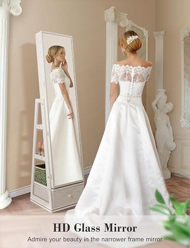 Nicetree 360° Swivel Jewelry Cabinet with Lights, Touch Screen Vanity Mirror, Rotatable Full Length Mirror with Jewelry Storage, Standing Jewelry Armoire Organizer, Foldable Makeup Shelf, White thumbnail 3