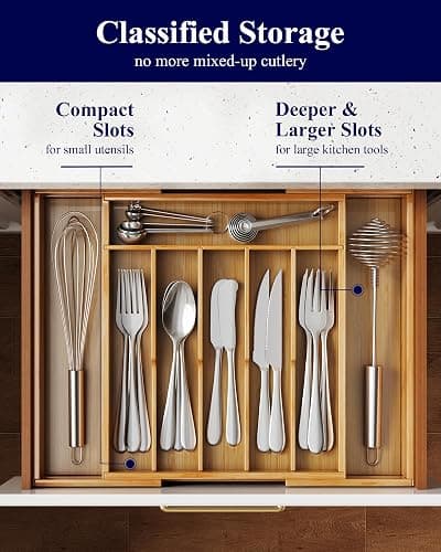 Kitsure Silverware Organizer - Expandable Bamboo Kitchen Drawer Organizer, Adjustable Cutlery Tray for Kitchen Storage & Organisation, 33.6 x 4.5 x 29.0-47.0 cm thumbnail 3