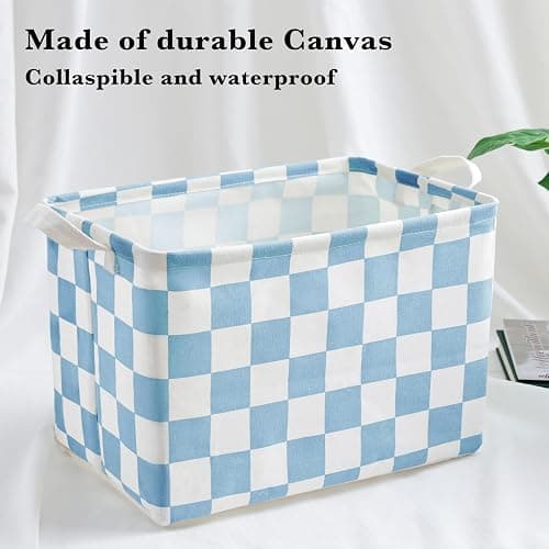 Ohocut Blue Checkered Canvas Basket, Rectangular Organizing Decorative Storage Basket for Kids, Dog Toy, Cute Aesthetic Boys Room Decor for Home, Kitchen, Bedroom, Classroom, Shelves thumbnail 5