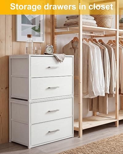 Fixwal Closet Drawers for Clothes, 2 Pack, 4 Drawers Stackable, 21.2" Wide | stacked height 32.2", 4 fabric storage drawers, wooden top, white, spacious storage, dresser for bedroom thumbnail 3