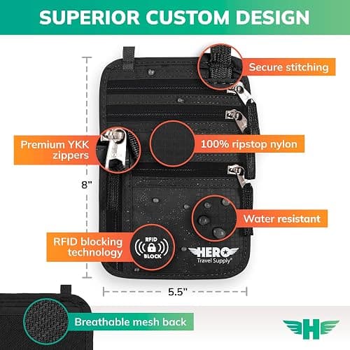 HERO Neck Wallet – RFID Blocking Passport Holder – Easy to Conceal Travel Pouch - Black thumbnail 3