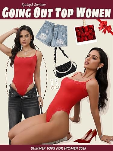 Starrylion Lace Body Suit Square Neck Tops for Women Sleeveless Spaghetti Strap Tank Top Bodysuits for Women Sexy Jumpsuit thumbnail 4