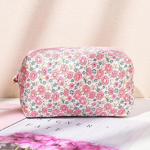SOIDRAM Pink Makeup Bag Floral Cosmetic Bag Puffy Coquette Makeup pouch Aesthetic Cute Quilted Travel Toiletry Bag Organizer cotton Makeup Brushes Storage Bag for Women thumbnail 7