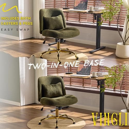 VINGLI Wide Criss Cross Legged Office Chair,Buttprint Ergonomic Desk Chair Comfy with Pillow&Gold Base,Dual-Use with/no Wheels,Adjustable Vanity Swivel Chair for Bedroom,Home Office,Teddy Fleece,Green thumbnail 7