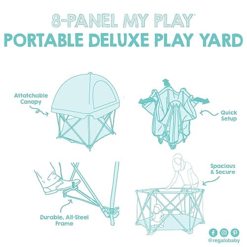 Regalo Safety My Play Deluxe Extra Large Baby Playpen & Portable Play Yard with Canopy, Foldable 8-Panel Indoor Outdoor Playpen for Babies & Toddlers, Mesh Sides, Washable Nylon Bottom, 62", Aqua thumbnail 13