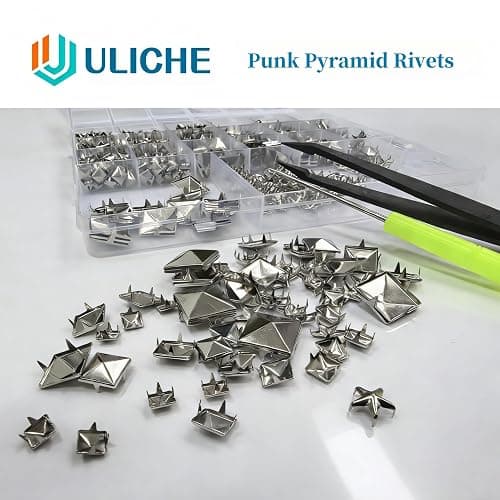 Uliche 820 Pcs Square Pyramid&Star Four-jaw Studs for Clothing,Punk Rivet Kit,Spikes and Studs for Leathercraft Accessories,DIY Craft Decoration for Punk Style Clothes Belts Bags Shoes Dog Collar thumbnail 7