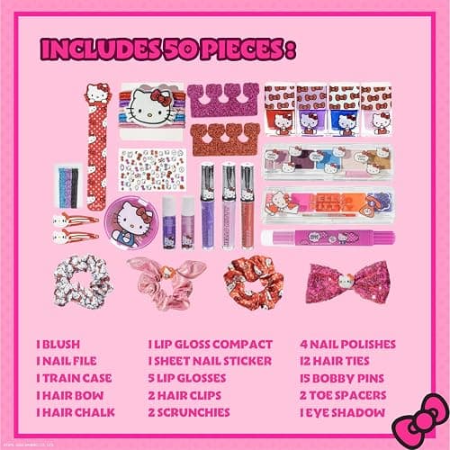 Hello Kitty Train Case Cosmetic Makeup Set Includes Lip Gloss, Eye Shimmer, Nail Polish, Hair Accessories & More! For Girls, Ages 6+ Perfect for Parties & Makeovers by Townley Girl thumbnail 2