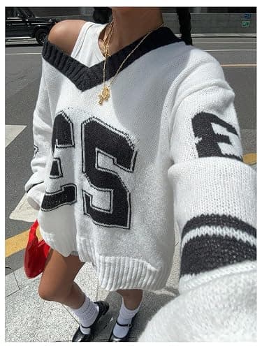 BEAUDRM Women's Y2K Sweater Oversized Sweaters Long Sleeve V Neck Pullover Jumper Knit Top thumbnail 4