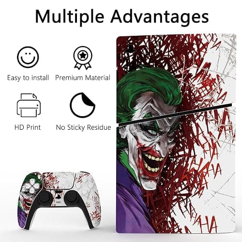 PlayVital Full Set Skin Sticker for ps5 Slim Console Digital Edition (The New Smaller Design), Vinyl Skin Decal Cover for ps5 Controller & Headset & Charging Station & Media Remote - Clown Hahaha thumbnail 3