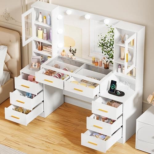 BEWISHOME Makeup Vanity Desk with Mirror and Lights,55.12" Large Vanity Table with Glass Top,White Makeup Desk with Power Outlet 8 Drawers,Dressing Table for Bedroom Women Girls Modern FST37W thumbnail 5