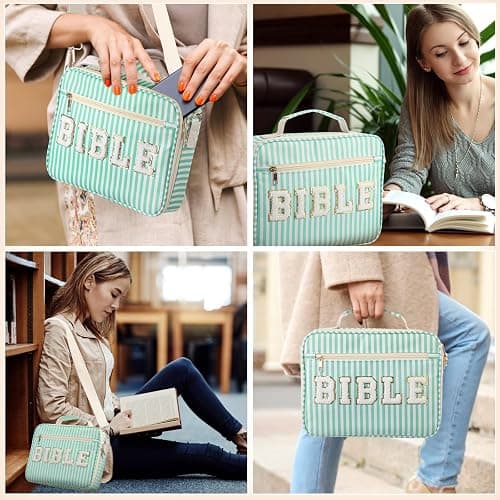 Dansydaisy Bible Cover Case for Women Large Chenille Letter Stripe Church Bible Bag with Shoulder Strap for Women(Green) thumbnail 5