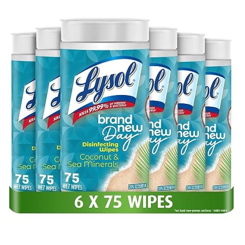Lysol® Disinfecting Wipes, Brand New Day Coconut & Sea Minerals, (6 x 75 wet wipes) = 450 wet wipes, Pack of 6, Kills 99.99% of viruses and bacteria*, Thick Strong Wipe - Image 1