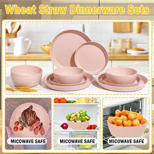 EI 12pcs Pink Wheat Straw Plates,Wheat Straw Dinnerware Set for 4,Plates and Bowls Sets,Plastic Plate Reusable,Unbreakable Plastic Plate Melamine,Camping Family Dishes Set thumbnail 5