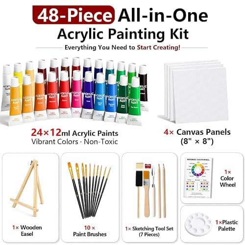 MISUMISO Acrylic Paint Kit for Beginners, 24 Colors Complete Painting Set with 4 Canvas Panels, 10 Brushes, Wooden Easel, Palette & Art Supplies, All-in-One Paint Set for Adults & Teens thumbnail 3