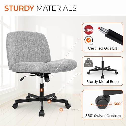 Orange Factory Criss Cross Chair Wheels Wide Cross Legged Office Desk Vanity Chair Comfy Fabric Armless Adjustable Swivel for Home Computer Task (Gray) thumbnail 7