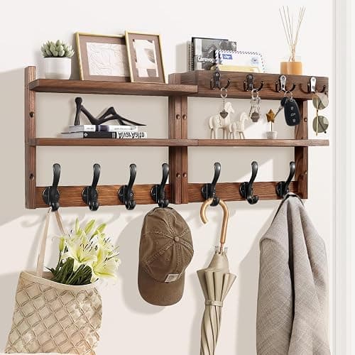 29" Coat Rack Wall Mount with Shelf, Pine Two-Tier Wall Shelf Mounted Coat and Key Hanger with 7 Heavy Duty Hooks 4 Key Hooks, Entryway Key Holder with Mail Holder for Bedroom,Living Room (Brown) - Image 1