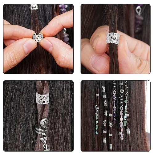 40Pcs Natural Colored Crystal Stone Hair Accessories, hoyuwak Metal Hair Charms, Silver Loc Dreadlock Spirals, Cuffs & Rings for Women's Hairstyles thumbnail 6
