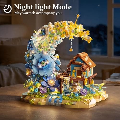 Moon Flower Mini Bricks Building Set, Fairy Cabin and Blue Flower Bouquet, Mini Building Blocks Botanical Collection Set, Unique Home Decor, Gift for Her and Him - 1622 Pcs Mini Bricks thumbnail 4