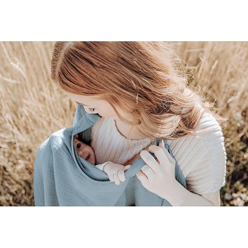 Konssy Muslin Nursing Cover for Baby Breastfeeding, Breathable 100% Cotton Breastfeeding Cover with Rigid Hoop for Mother Nursing Apron, Multi-use Carseat Canopy (Blue) thumbnail 2