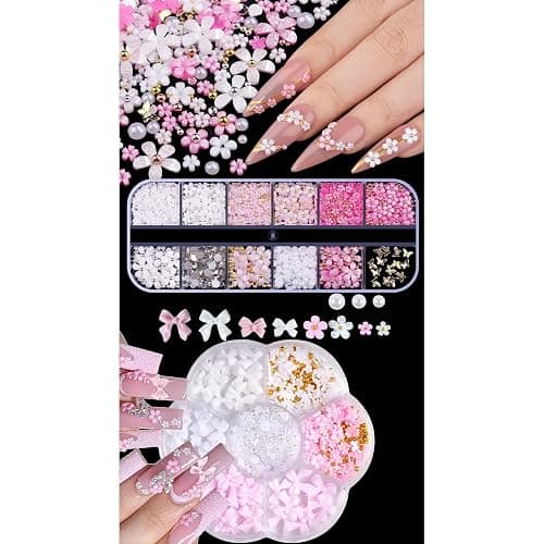 MSLSOZ 3D Nail Charms Set, 2 Boxes Nail Art Decor(Bow, Flower, Half Pearl), Pink Glitter Flower & Bow Nail Charms, Art Decorative Accessories for Manicure Design & DIY Crafts - Image 1