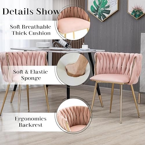 HAIZAO Golden Round Dining Table Set for 4, 39'' Clear Glass Top Dinner Table Set, 5 Pieces Modern Luxury Circle Kitchen Table and Pink Woven Chairs Set, Small Circular Dinette Set, for Apartment thumbnail 5