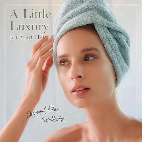 myHomeBody Hair Towel Wrap, Luxury Quick Drying Turban, Ultra Soft Absorbent Charcoal Fiber Cap, with Coconut Shell Button – Pine Green thumbnail 2