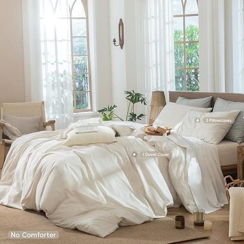 MooMee Striped Duvet Cover Set 100% Washed Cotton Linen Like Textured Breathable Durable Soft Comfy (Almond Milk Grey Pinstripes, Queen 90"x90") thumbnail 2