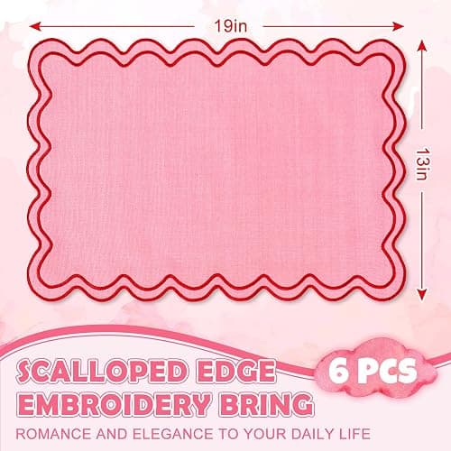 Whaline Pink Red Placemats Embroidered Scalloped Kitchen Place Mats for Wedding Baby Shower Party Home Dining Table Decor, Set of 6, 13 x 19 in thumbnail 3