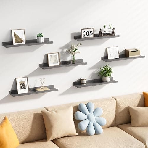 upsimples Floating Shelves for Wall, Wood Mounted Shelf Decor Storage Set of 6, for Bedroom, Living Room, Bathroom, Kitchen, 23.6 inch Long Picture Ledge, Grey thumbnail 5