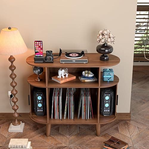 LUVIOHOME Large Round Record Player Stand with Charging Station & USB Ports，Record Storage Cabinet, Mid Century Modern Turntable Stand for Bedroom Living Room (Small Brown) thumbnail 5