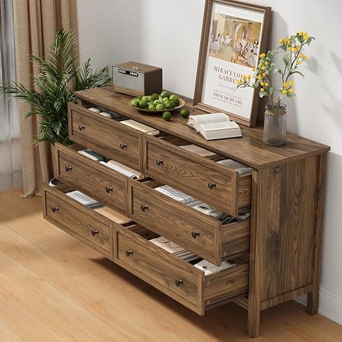 CARPETNAL 55" Walnut Dresser for Bedroom, 6 Drawer Dresser with Wide Drawer and Metal Handles, Wood Dressers & Chests of Drawers for Hallway, Entryway. thumbnail 5