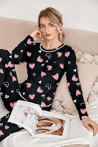 Ekouaer Pajamas Women's Long Sleeve Pj Set Soft 2 Piece Loungewear Sleepwear with Jogger Pants XS-3XL thumbnail 2