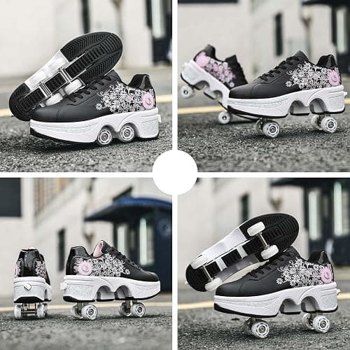 Roller Skate Shoes for Women Four Rounds Children's Roller Skates Shoes That Turn into Rollerskates Sneakers Outdoor Light Shoes with Wheels for Girls/Boys thumbnail 5