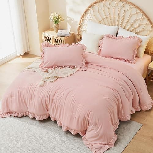 Litanika Full Size Comforter Sets, 3 Pieces Blush Pink Ruffle Girls Women Cute Bedding Comforters & Sets, Lightweight Fluffy Microfiber as Gift (79x90In Comforter & 2 Pillowcases) thumbnail 4